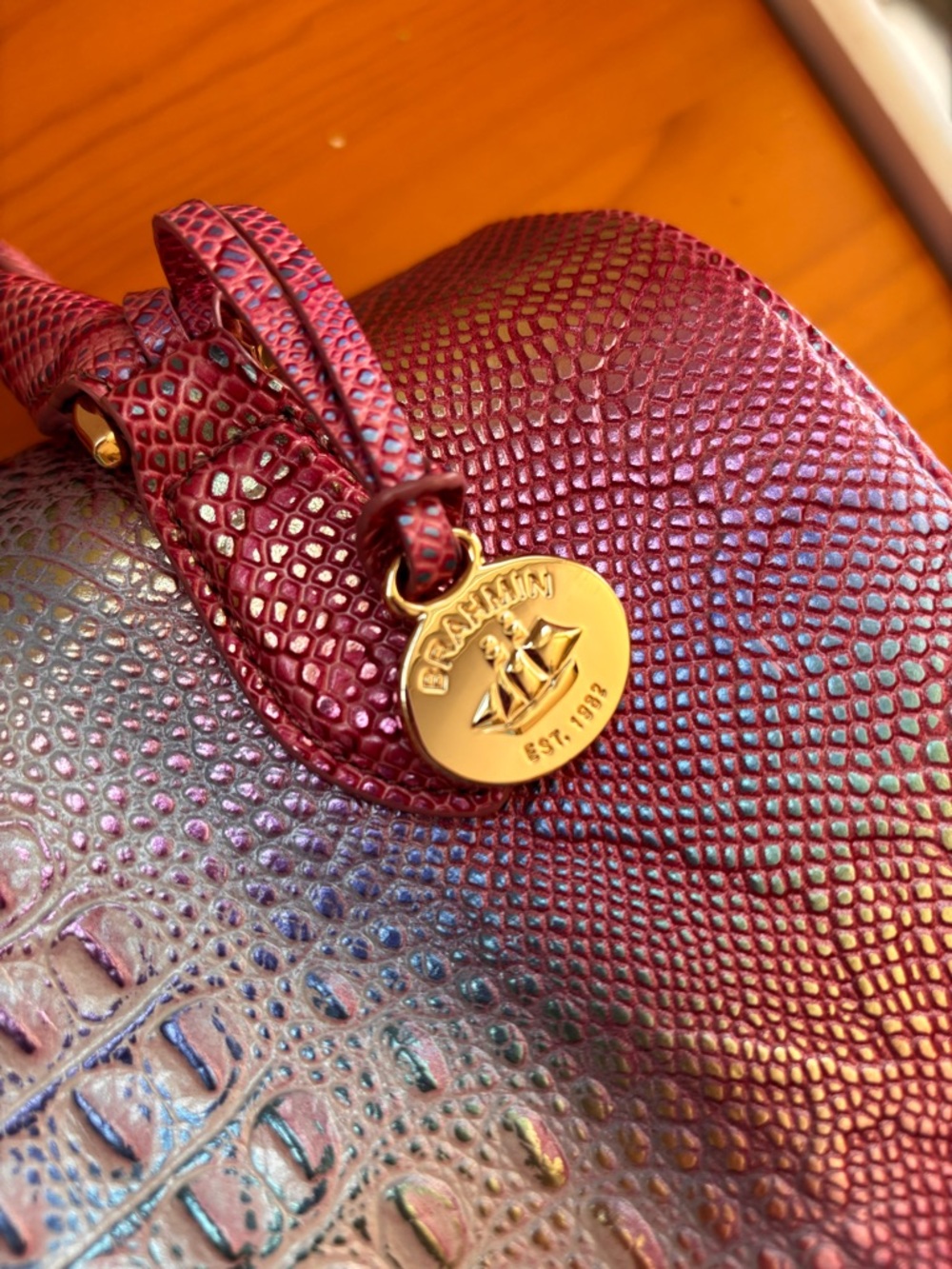 Brahmin Iridescent Pink Croc-Embossed Satchel - Picture 10 of 11